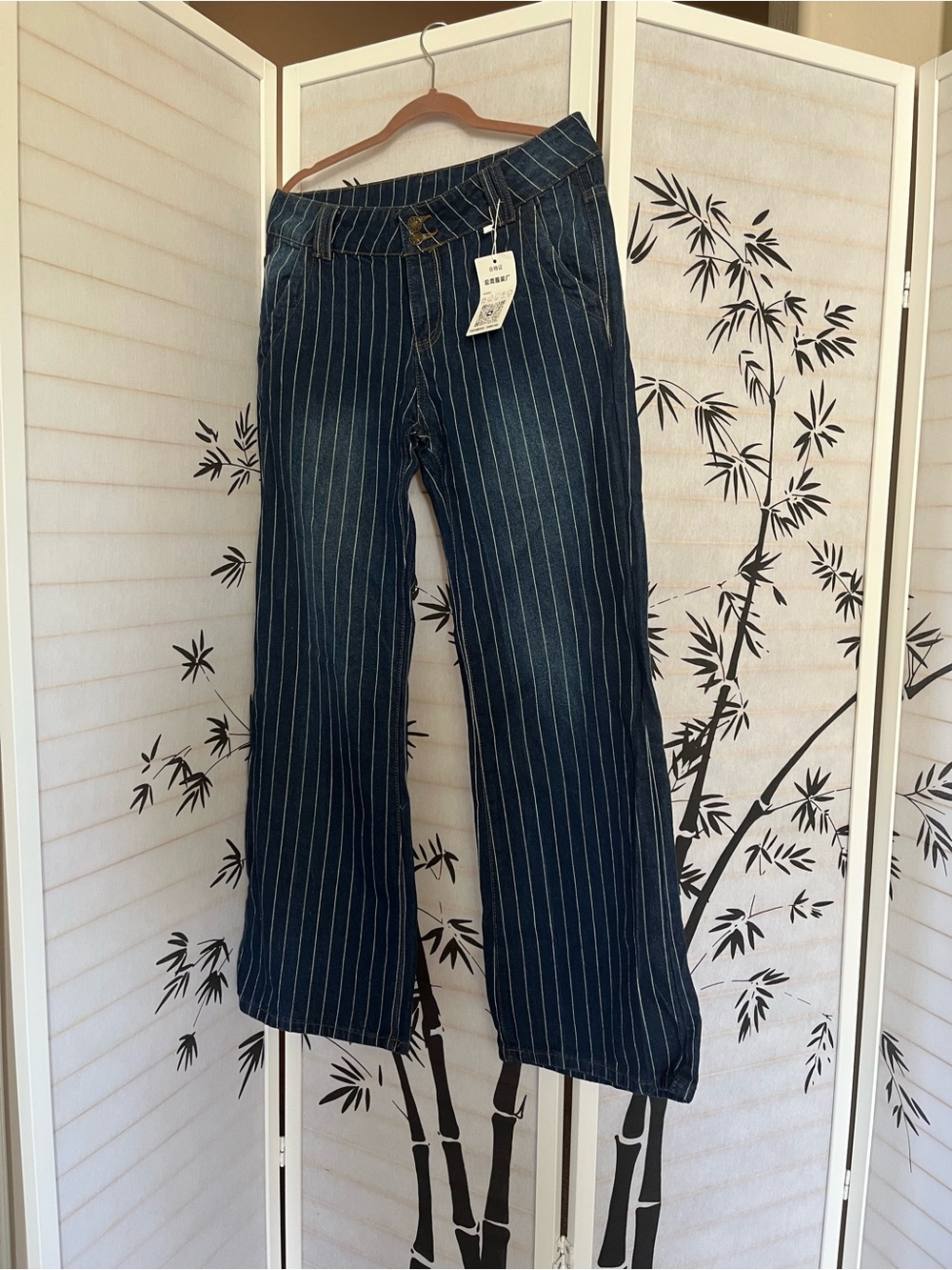 Women's Navy Pinstripe Wide-Leg Jeans